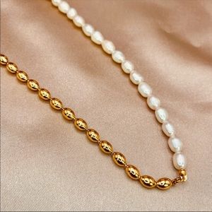 NEW 18K Gold Half Natural Baroque Pearls Bead Chain Choker Necklace